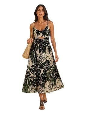 Joie Sleeveless Tropical Leaf Cutout Midi Dress in Black and Cream Size 10